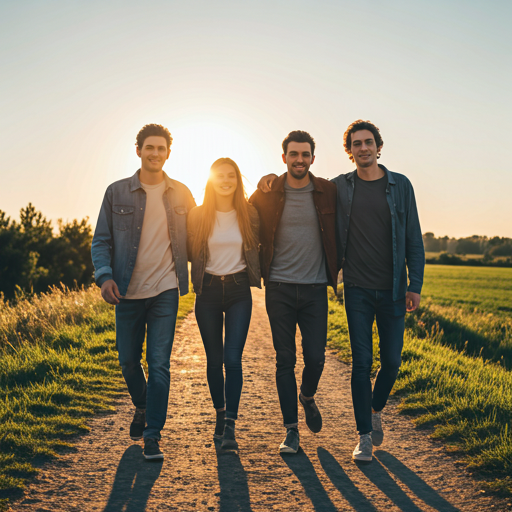 Grupo caminhando ao pôr do sol